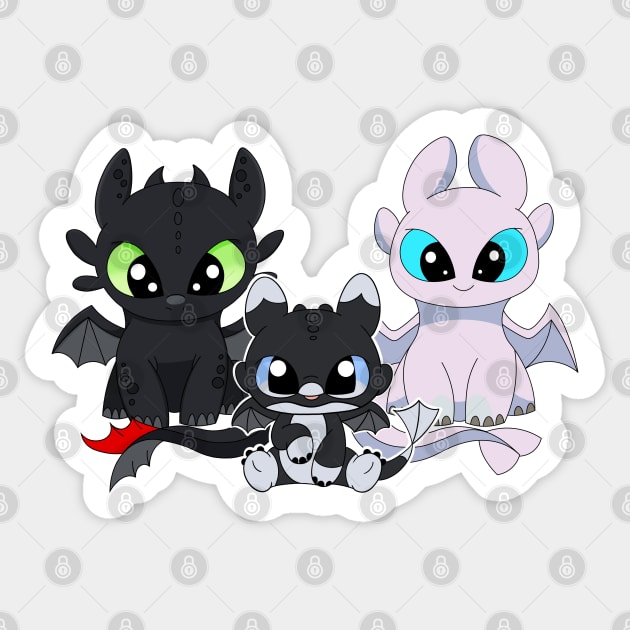 Fury family with boy, baby fury toothless, night furies, light fury dragon Sticker by PrimeStore